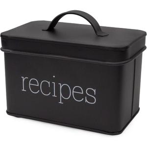 AuldHome Design Farmhouse Enamelware Recipe Box (Black); Vintage Style Metal Recipe Holder and Organizer for 4 x 6 Inch Recipe Cards