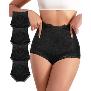 Womens High Waisted Cotton Underwear Comfortable Lace Stretch Soft Paintes Breathable Full Coverage 4 Pack Briefs (Large, Black)