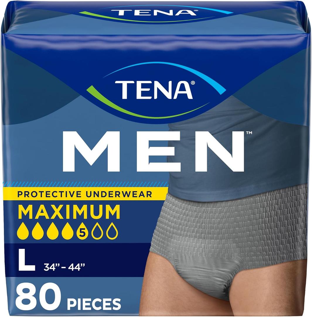 Tena Protective Incontinence Underwear for Men, Maximum, Large, Grey, 80 Count (Waist Size 34in-44in)