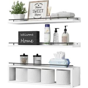 WOPITUES Floating Shelves for Wall 24 inch with Cube Shelf, Wall Shelves with Metal Rail for Bathroom Decor, Bathroom Organizers and Storage, Over Toilet Shelves, Toilet Paper-White, 23.6 inch