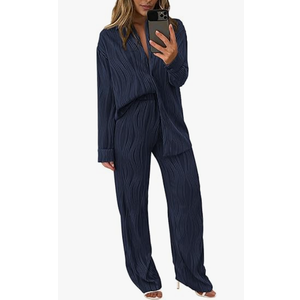 PRETTYGARDEN Women's 2 Piece Sets 2026 Fall Casual Textured Button Down Shirt Wide Leg Pants Outfits Loungewear Tracksuit, Dark Blue, Large