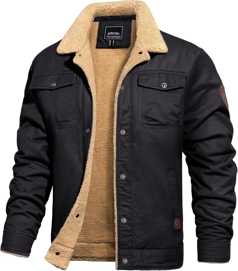 TACVASEN Men's Winter Jacket Sherpa Fleece Lined Cargo Coat Warm Thick Trucker Jacket with Multi Pockets (XX-Large, Black)