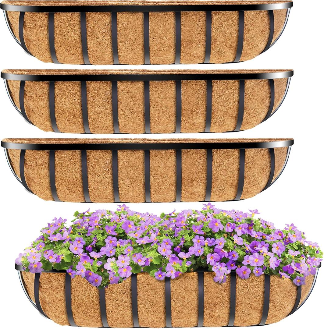HFHOME 4 Pcs 24" Window Box Deck Railing Planter with Horse Trough Coco Liners, Black Metal Hanging Flower Planters Baskets for Indoor, Outdoor, Balcony, Porch, Fence, Patio, and Lawn (24 inches-4P)
