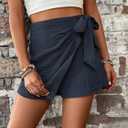 WDIRARA Women's Summer Mini Wrap Shorts Knot High Waist Belted Skorts Zipper Casual Loose Skirt (Blue, XL)