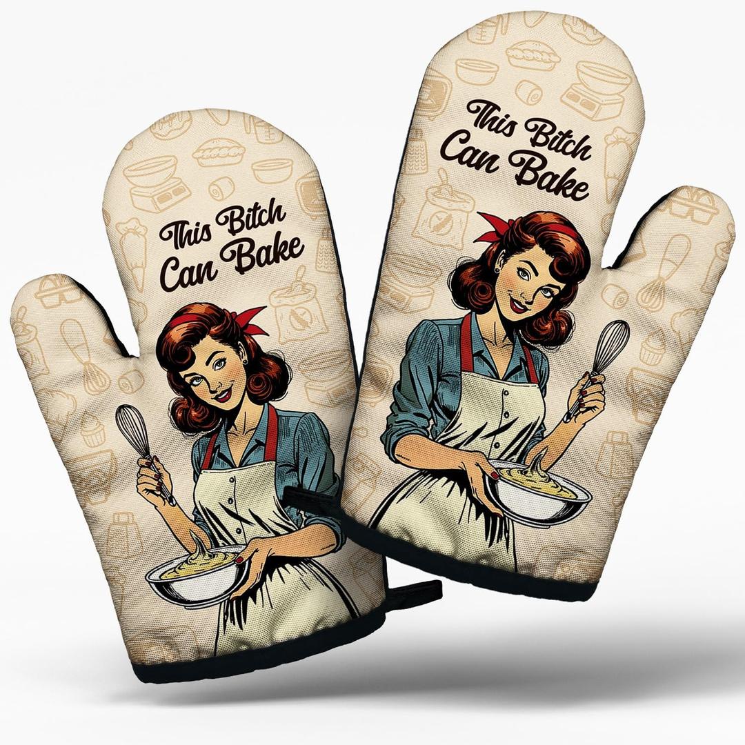 Funny Vintage Lady Cooking and Baking BBQ Kitchen Gadgets with Heat Resistant Silicone Non-Slip, This Bxxch Can Bake Oven Mitts Set of 2, Gifts for Mom Hostess Bake Lover Chef Wife Sister Colleague