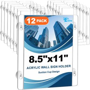 EHWINE 12 Pack Acrylic Window Sign Holder 8.511 with 4 Suction Cups, Clear Acrylic Frames Glass Door Wall Mount Advertising Signage Sign Holder for Store, School, Office, Home