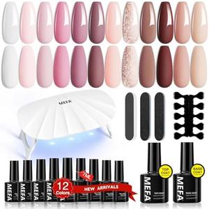 MEFA 19 Pcs Gel Nail Polish Kit with U V Light, 12 Colors All Seasons Nude Milky White Soak Off Gel Polish Nail Set with Base Top Coat Essential Manicure Tools Beginners Salon Decorations DIY
