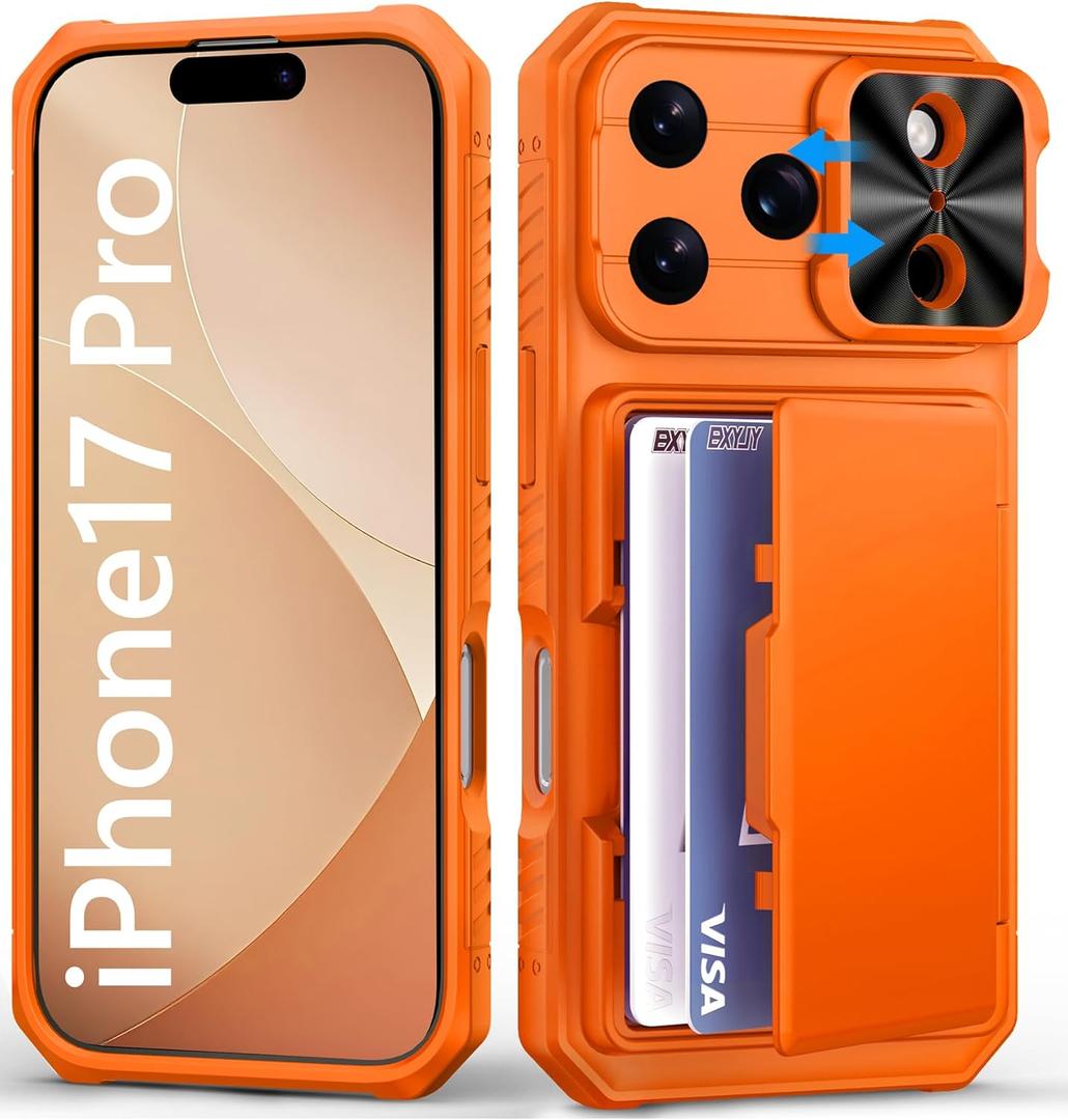 for iPhone 17 Pro Phone Case Wallet, Card Holder (4-5 Cards), Slide Camera Cover, Military Grade Protection, Rugged Hard Women Girly Men Protective Case for iPhone17 Pro 6.3", Orange