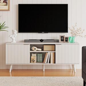 55 inch Fluted TV Stand with Storage, Mid Century Modern Entertainment Center with Adjustable Shelf, TV Table Stand up to 65 Inches TVs for Living Room, Bedroom, White