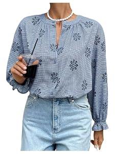 GORGLITTER Women's Boho Peasant Tops Gingham Floral Embroidered Flounce Long Sleeve Button Up Shirt Casual Blouses Blue X-Small