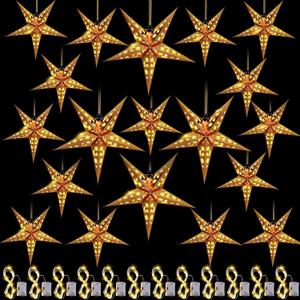 Hortsun 20 Set Christmas Paper Star Shape Lantern 2 Size 17.7 11.8 Christmas Hanging Ornaments Lights 3D Lampshade Hanging Decor with 20 LED Light for Xmas New Year(Gold)