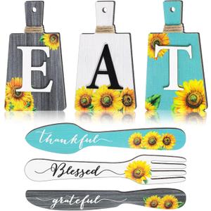 Yerliker 6 Pieces Sunflower Kitchen Decor Eat Signs Fork and Spoon Wall Decor Cutting Board Eat Sign Set Rustic Primitive Country Farmhouse Kitchen Decor for Kitchen Home Decoration (Blue)