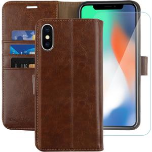 MONASAY Wallet Case Compatible for iPhone X/iPhone Xs, 5.8-inch, [Glass Screen Protector Included] [RFID Blocking] Flip Folio Leather Cell Phone Cover with Credit Card Holder, Brown