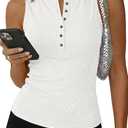 Cicy Bell Womens Henley Tank Tops Slim Fit Summer Casual Sleeveless T Shirts Going Out Ribbed Basic Tee Tops (White, L)