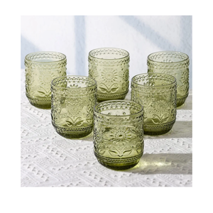 Airsky Set of 6 Olive Green Vintage Drinking Glassware- 12OZ Green Glass Drinking Cups, Thick Farmhouse Drinking Glasses, Embossed Kitchen Glassware for Soda Lemonade Cocktail , Dishwasher Safe