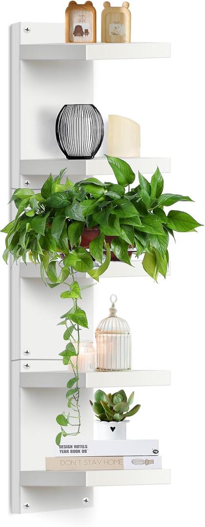 Defined Deco 5 Tier Wall Shelf Unit-47 White-Vertical Column Lack Display Floating Shelf, Narrow Smooth Laminate Finish - Vertical Wall Decor Mount Floating Storage Home Decor Tall Tower Utility Shelf