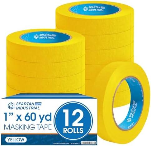 Spartan Industrial - 1" X 60 yd Yellow Masking Tape - 12 Colored Tape Rolls for Bundling, Labeling, and More - No Residue, 5.5 Mil