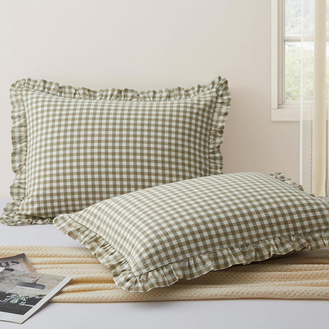 KKJIAF 2 Pcs Plaid Ruffle Pillow Case Queen Size, Cotton Gingham Ruffled Euro Sham Pillow Covers 20x30 Inch, Linen Feel Plaid Bed Pillow Shams with Envelope Closure for Sofa Bed (Sage Green Plaid)