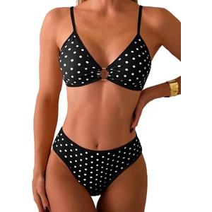 Tainehs Women's Two Piece Bikini Sets O Ring Front Top Ditsy Floral Triangle Swimsuits Cheeky Bathing Suit, M