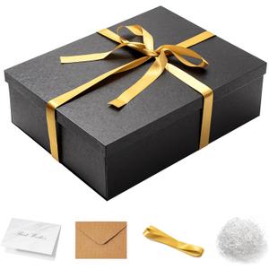 Mefleet 17x13x5 Inches Large Gift Box with Lid for Presents 1 Pack Big Deep Black Gift Boxes for Christmas, Birthday, Valentine's Day,Mother's Day Presents - Contains Crinkle Paper,Ribbon and Card