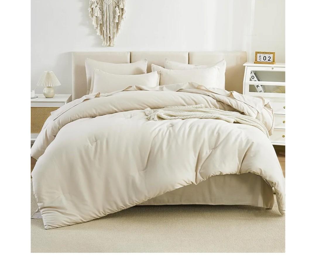 Litanika Bed in a Bag King Beige - 7 Pieces King Size Comforter Set Bedding Comforter Sets, Solid Fluffy Bed Set with Comforter, Sheets, Pillowcases & Shams