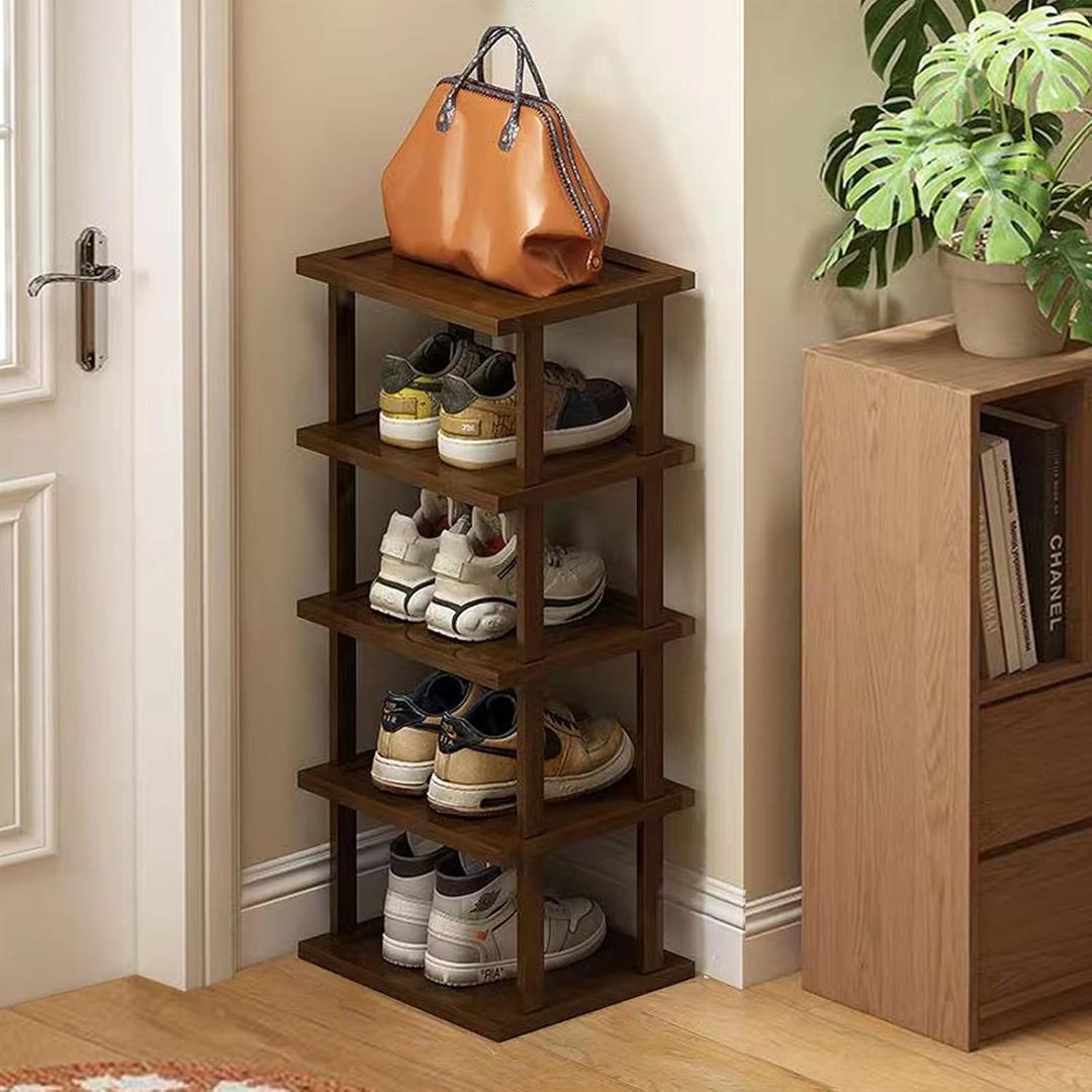 Vertical Shoe Rack - Tall Narrow Shoe Rack Organizer for Small Spaces, 5 Tier Bamboo Shoen Shelf for Entryway, Closet, Corner, Doorway, Skinny Shoe Shelf Space Saving Shoe Storage, Free Stackable DIY