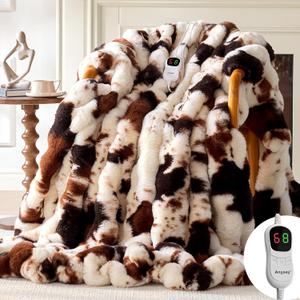 Anysay Heated Blanket Throw with 1/2/4/6/8 Hours Auto-Off 10 Heat Level, 50'' * 60'' Cozy Faux Rabbit Fur Bubble Electric Blanket with Overheat Protection(Brown Cow)