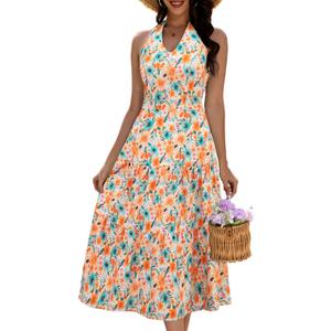 DRESSTELLS Womens Spring Floral Maxi Dress 2026 Casual Halter Vacation A-line Tiered Flowy Boho Summer Dresses (Orange, S)