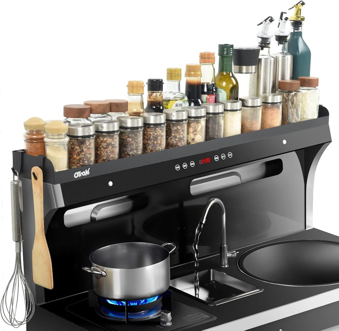 OTraki Magnetic Stove Top Shelf Spice Rack for Stove Adjustable 16-32 inch Over the Stove Shelf Stainless Steel Magnetic Rack Seasoning Organizer with 4 Hook Black