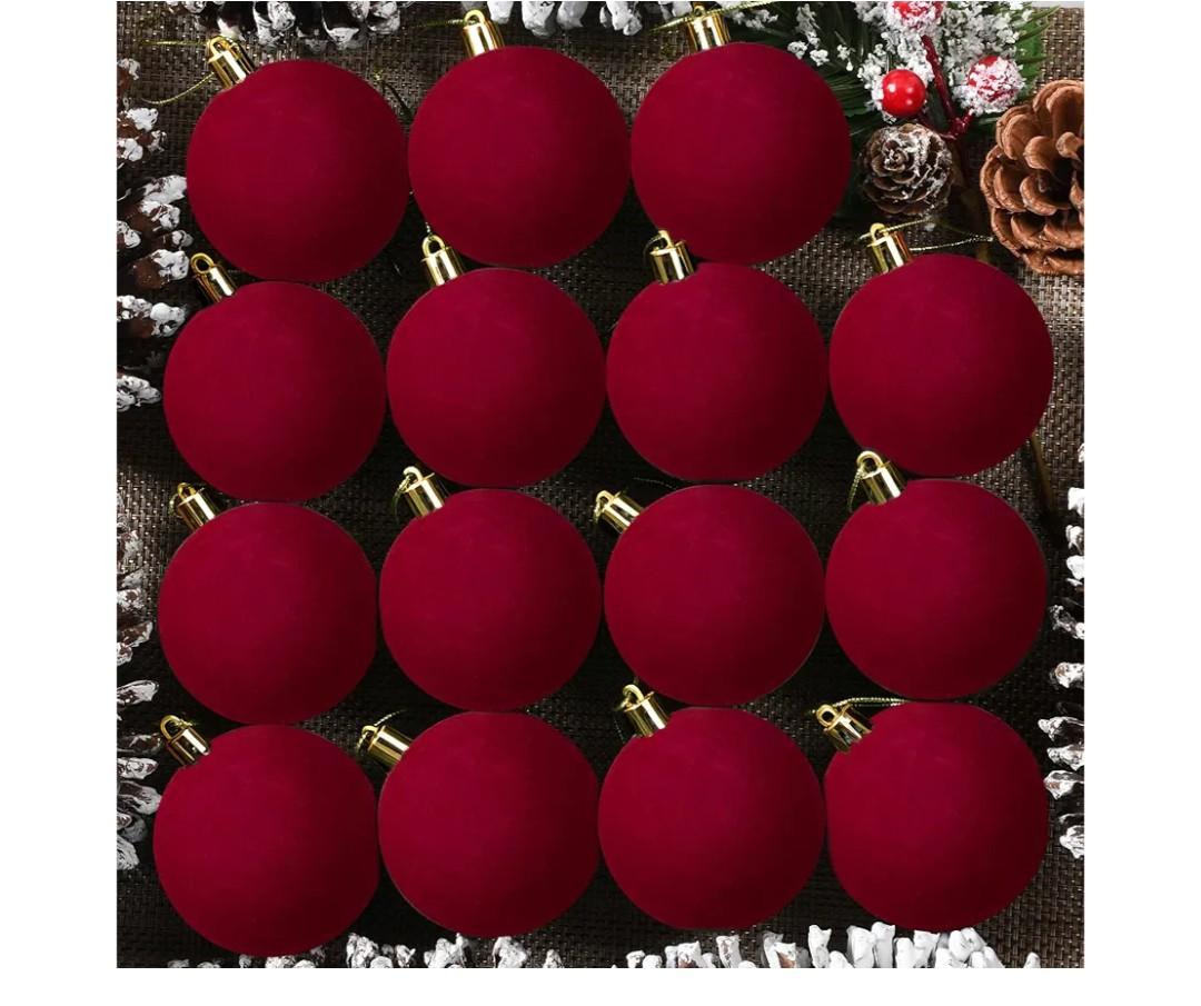 30 Pcs 2.4 Inches Velvet Christmas Ball Ornaments, Shatterproof Burgundy Red Flocked Bulbs Decorations Set, Retro Decorative Hanging Plastic Ornaments for Xmas Tree Holiday Party Décor
