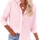 Womens Button Down Shirts Cotton Dress Shirts Oxford Shirts Long Sleeve Work Blouses Collared Tops Tunics with Pocket (Pink, M)