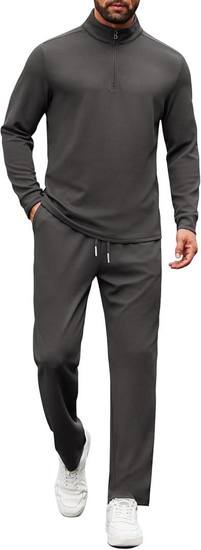 COOFANDY Men's Tracksuits 2 Piece Casual Athletic Sweatsuit Quarter Zip Pullover Long Sleeve Running Sport Outfits (Dark Grey), XXL