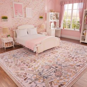 AMTOVO 5x7 Washable Area Rugs for Living Room, Vintage Boho Floral Distressed Print Non-Slip Carpet, Soft Colorful Accent Rug for Bedroom Girls Room Indoor Nursery Dining Room Playroom Farmhouse, Pink
