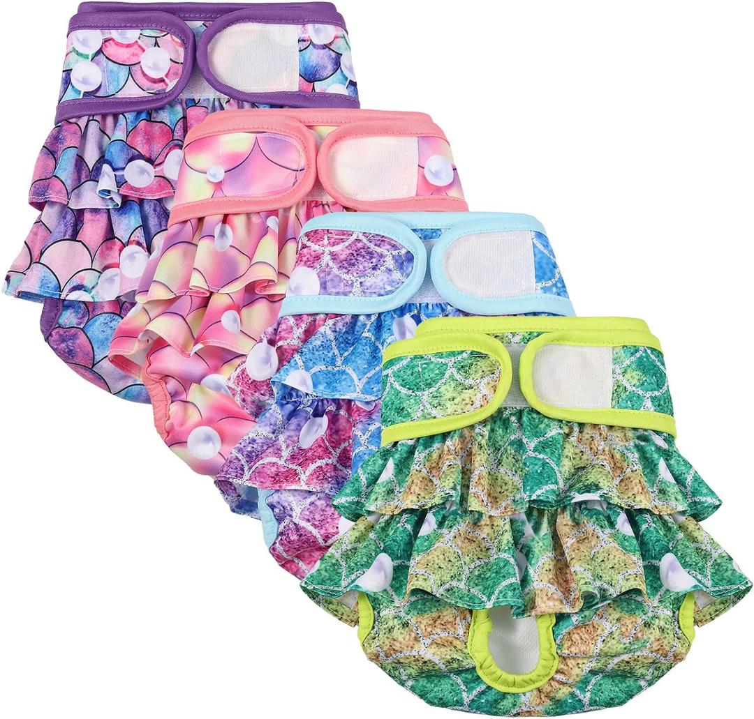 4 Pack Dog Diapers Female Washable Dog Diapers Reusable Puppy Diapers Highly Absorbent Comfortable Doggy Diapers for Dogs in Heat or Excitable Urination (S, Mermaid)