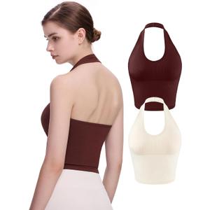 Eleplus 2 Pieces V Neck Halter Crop Tanks Tops for Women Backless Going Out Tops Workout Sport Bra Pack of 2（White+Coffee, S-M）