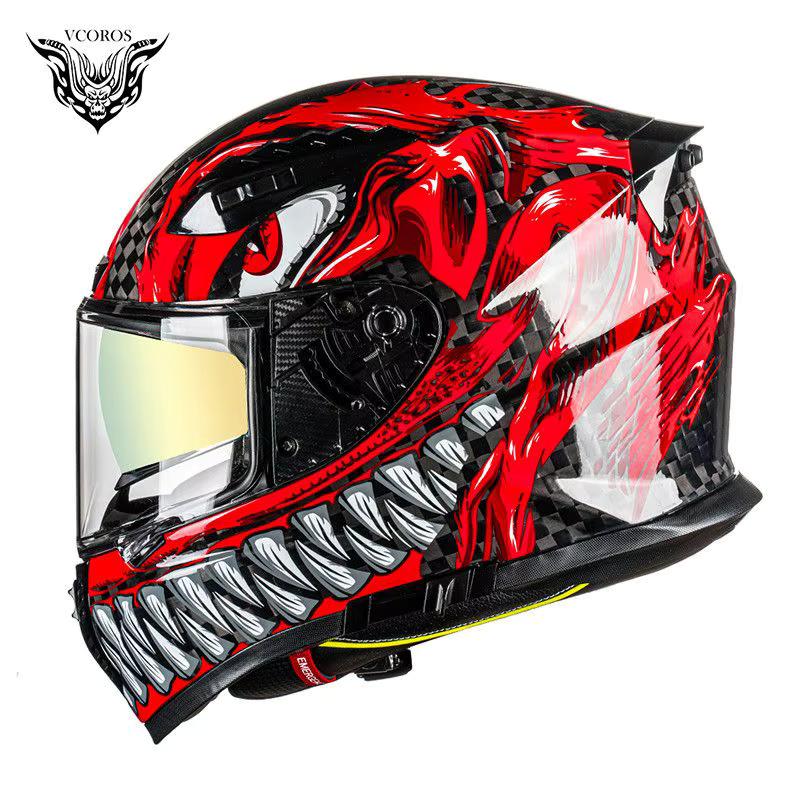 VCOROS FA-602 Carbon Fiber Full Face Motorcycle Helmet Unisex-Adult Dual Visor Helmets (Monstrous Red, XXL)
