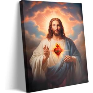 Sacred Heart of Jesus Wall Art Picture Divine Mercy Picture Canvas Wall Decor Christian Religious Christ Jesus Portrait Poster Prints Artwork for Living Room Bedroom Room Office Home Decoration, 16x24