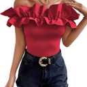 OYOANGLE Women's Ruffle Trim Off Shoulder Short Sleeve Blouse Party Tops Shirt (Red, M)
