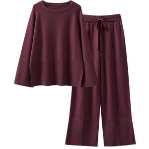 ANRABESS Womens 2 Piece Outfits Oversized Knit Sweater Set Wide Leg Pant Cozy Lounge Matching Pajama Sets 2025 Trendy Clothes (Medium, Burgundy)