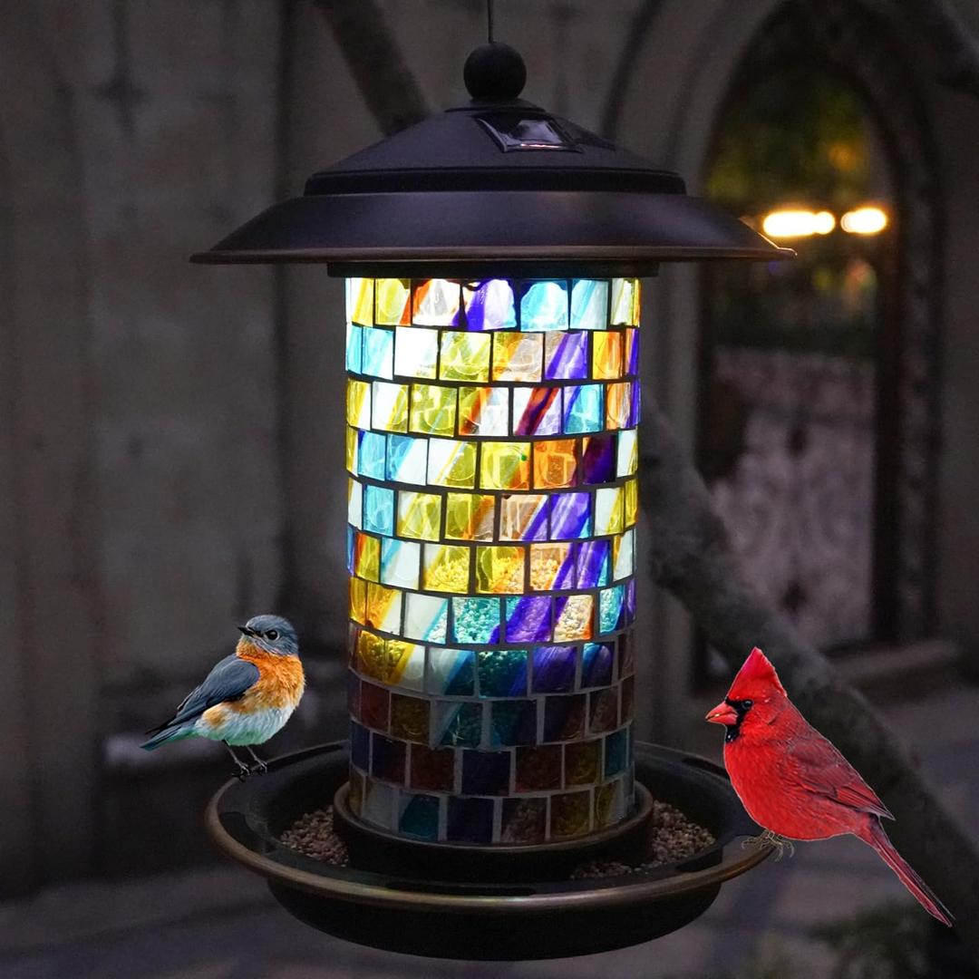 Solar Bird Feeder with Stained Glass, Easy Clean and Top Fill, Adjustable Feeder with Sturdy Wire and Roof, Plastic, for Garden, Backyard, Terrace(1.5lbs/Diamond)
