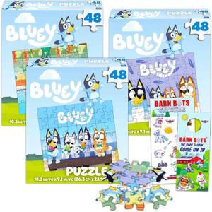 Bluey Premier 48 Pc Puzzle Set for Kids - Bluey Party Supplies Bundle with 3 Bluey Puzzles, Barn Bots Stickers, and More (Bluey Games and Activities for Kids)