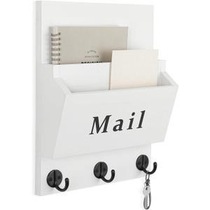 Mail and Key Holder - Decorative 8.86" x 11.42" Wall Key Hanger with 2 Mail Organizer Slots and 3 Hooks - Real Paulownia Wood with Keyhole Brackets, Hardware and Instructions (White)