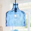 Farmhouse Pendant Light – Hand-Blown Blue Hammered Glass Shade, Black Finish, E26 Socket, Adjustable Chain Hanging Light Fixture for Kitchen Island, Dining Room & Hallway, 15" H x 12" D