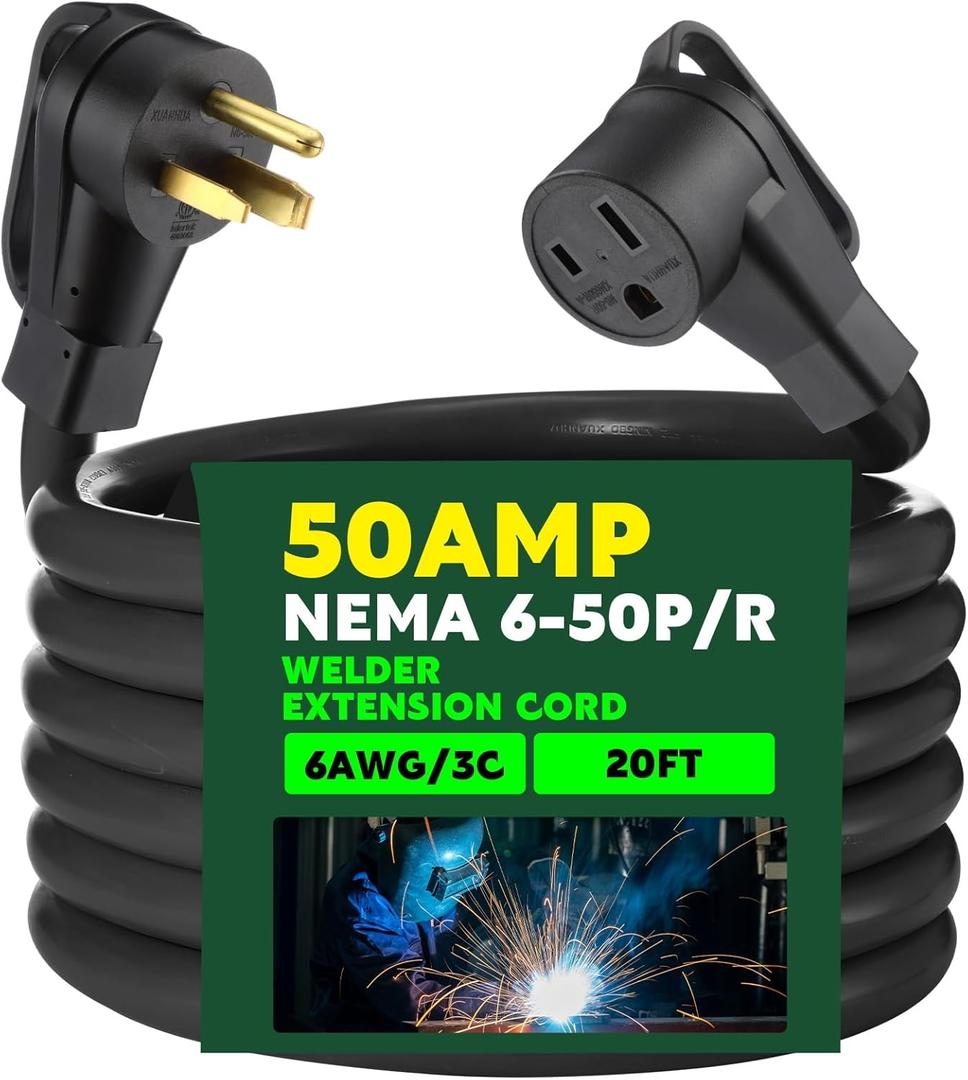 Kanayu 25FT 50Amp 6AWG Welder Extension Cord Compatible with NEMA 6-50P to 6-50R Power Extension for Welding Machines 50A 250Volt 3-Prong 6 Gauge Heavy Duty Welding Cable, ETL Listed (Black)