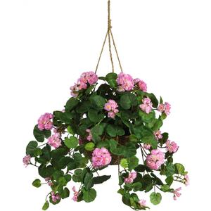 Nearly Natural 24in Artificial Geranium Hanging Basket Faux Floral Plant For Home Decor, Pink
