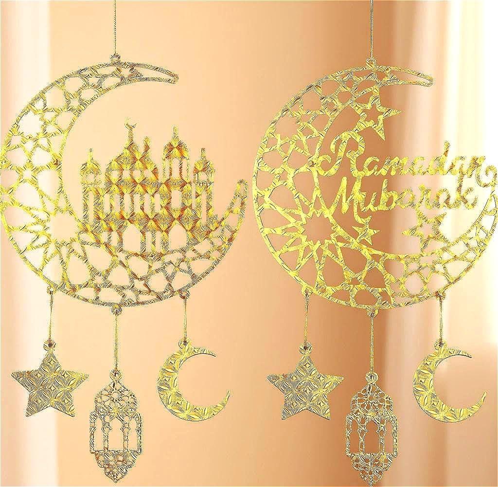 2-Piece Eid Door Banner and Wooden Hanging Plaque Set, 14.1x9 Inches Ramadan Wooden Decoration with Moon, Stars, and Lanterns for Home, Door, and Wall