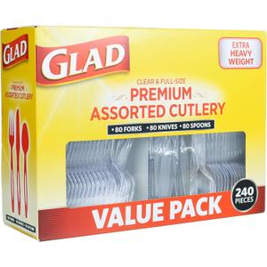 Glad Disposable Cutlery Set - Clear Heavy Duty Plastic Forks, Knives, and Spoons - 240 Piece Plasticware for Parties - Durable, Sturdy Recyclable Utensils - Great for July 4th, Thanksgiving, Christmas (240 Count (Pack of 1))
