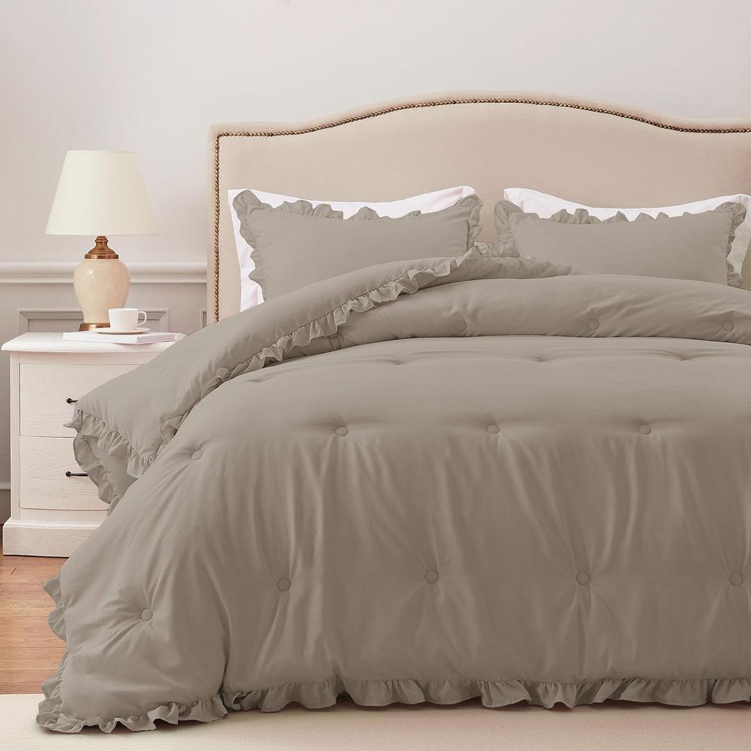 HARBOREST King Comforter & Pillow Shams - Fluffy King Size Bedding for All Seasons, Shabby Chic Oatmeal Ruffle Comforter Set (3 Pieces)