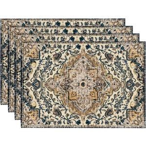 Artoid Mode Boho Placemats Set of 4, Daily Blue Teal Flowes Bohemia Table Mats for Home Party Dining Decoration 12x18 Inch