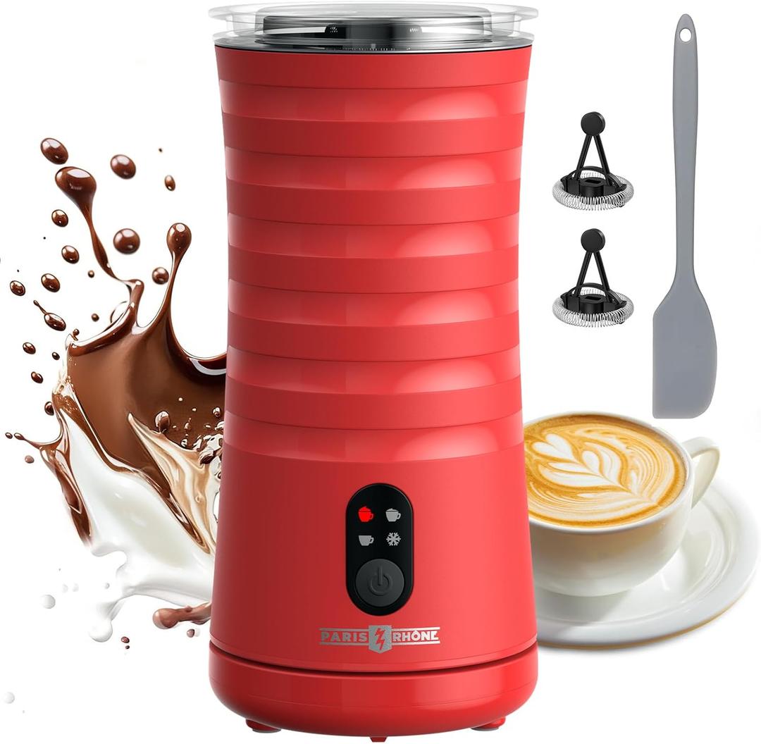 Milk Frother, Paris Rhne 4-in-1 Milk Steamer and Frother, Hot & Cold Foam Milk Warmer with Temperature Control, Auto Shut-Off Frothers for Coffee, Latte, Cappuccino, Macchiato (Red)